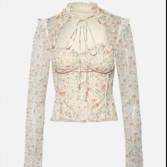 More to Come- Revolve Floral Mesh Longsleeve Tie Blouse - Picture 3 of 9